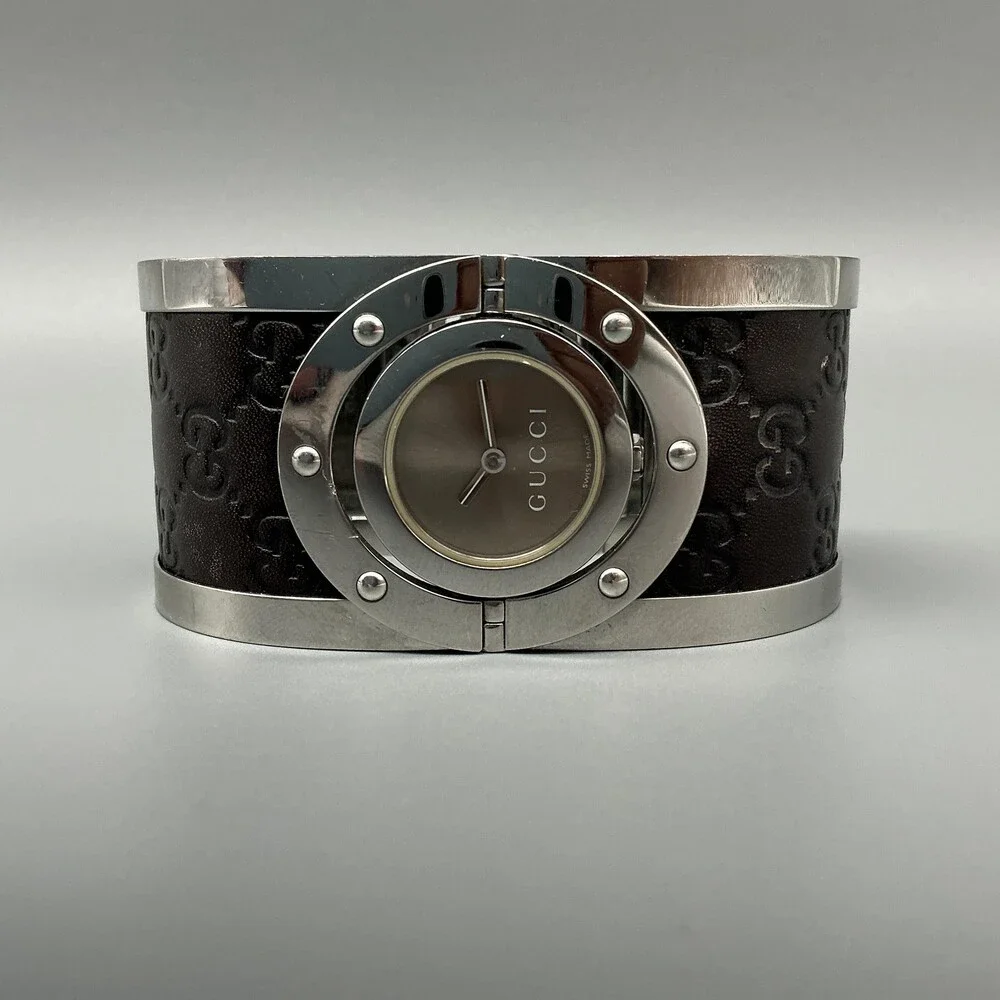 Gucci Twirl 112 Womens Watch 23mm Brown Leather GG Bangle Swiss New Battery 6.5